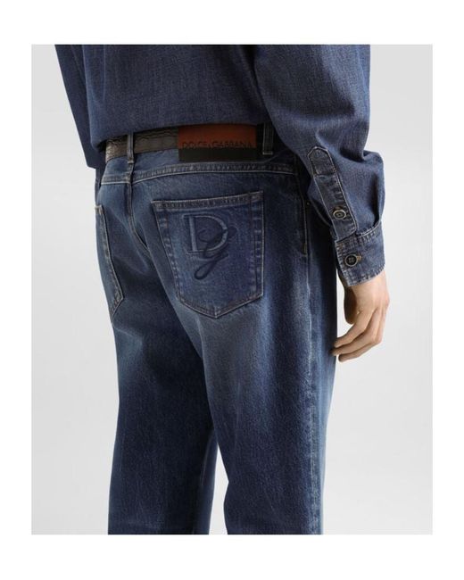 Dolce & Gabbana Blue Logo Embroidered Slim-Fit Jeans for men