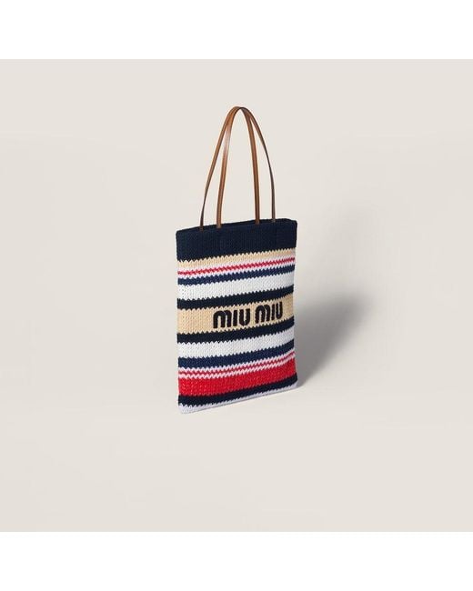 Miu Miu White Crochet-Knitted Striped Top Handle Bag