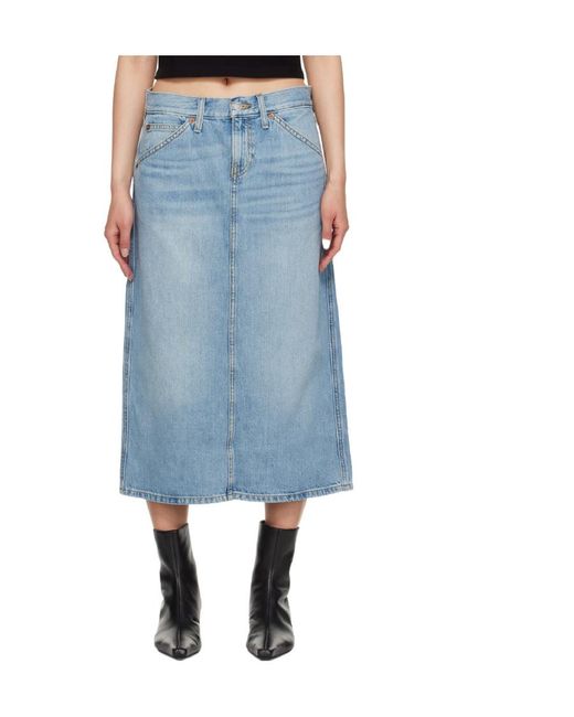 Re/done Blue Low Rider Midi Denim Skirt