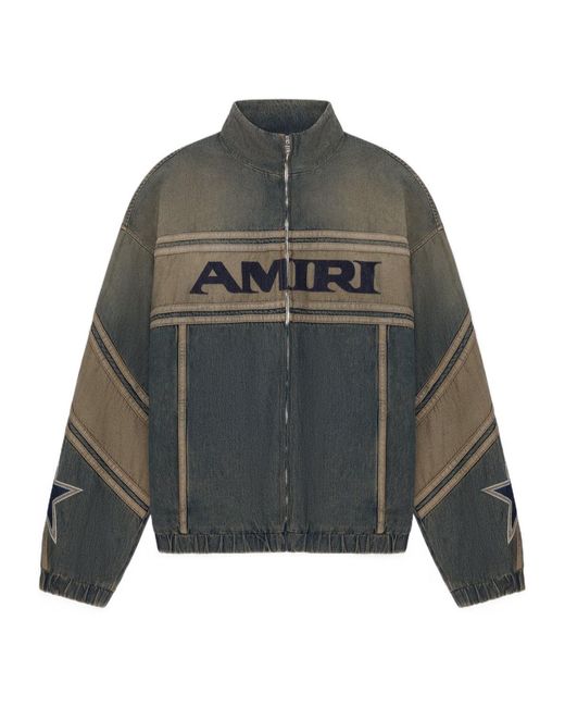 Amiri Gray Zip-Up Logo Denim Jacket for men