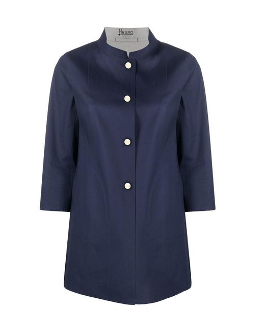 Herno Blue Band-Collar 3/4 Length Sleeved Jacket