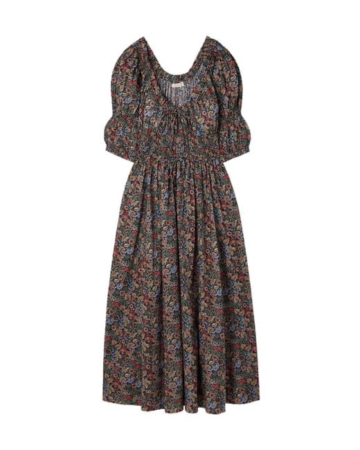 Doen Brown Ischia Shirred Floral-Print Organic Cotton-Voile Midi Dress