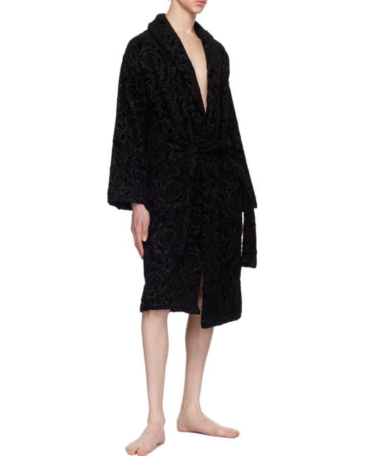Versace Black All-Over Baroque Shawl Lapels Bathrobe for men