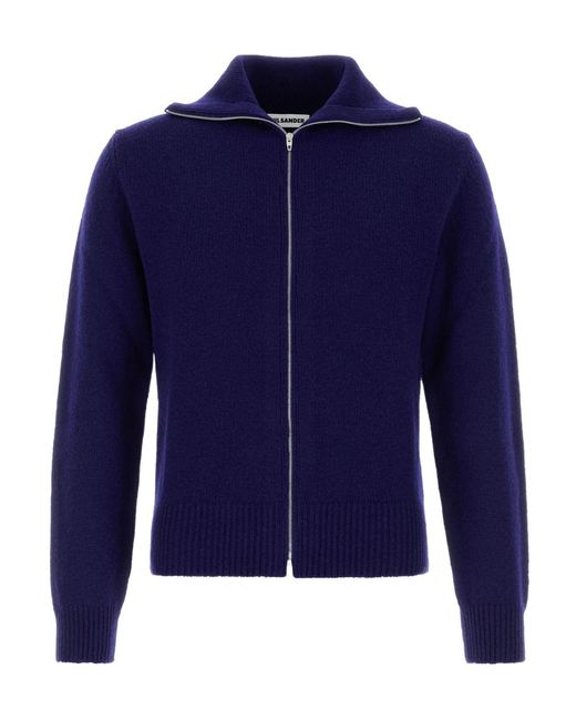 Jil Sander Blue Zip-Up High Neck Cardigan for men