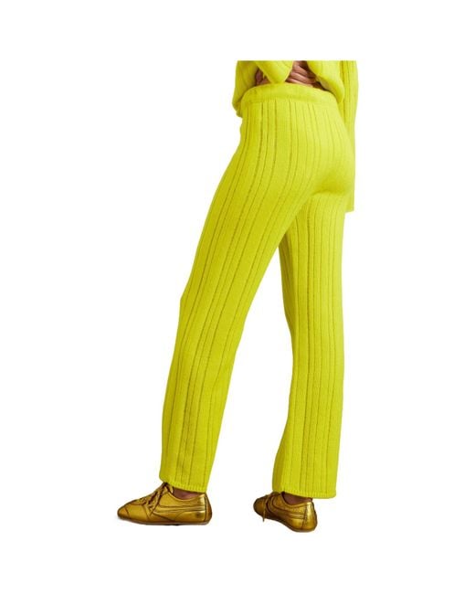 The Elder Statesman Yellow Ribbed Cashmere And Cotton-Blend Wide-Leg Pants