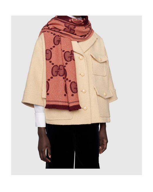 Gucci Red Gg Jacquard Knitted Scarf