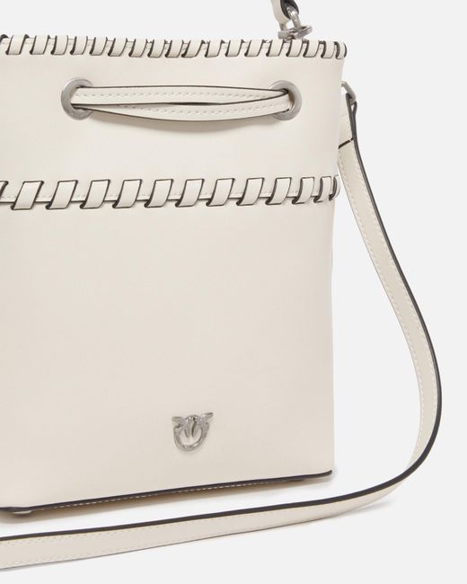 Pinko White Small Leather Bucket Bag With Threaded Detailing