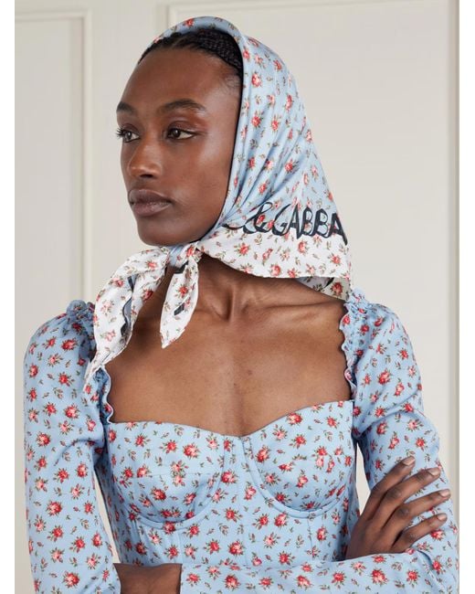 Dolce & Gabbana Blue Small Rose-Printed Twill Scarf