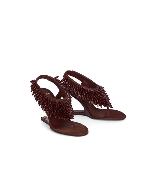 Balmain Brown No Wedge Beaded Suede Sandals