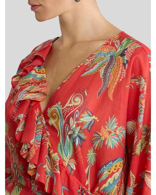 Etro Red Paisley-Print Ruffled Blouse
