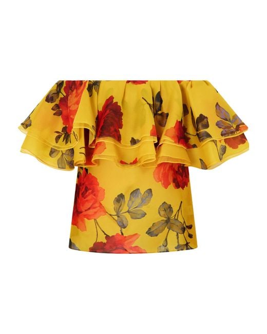 Carolina Herrera Yellow Off-The-Shoulder Ruffled Floral-Print Silk-Organza Top