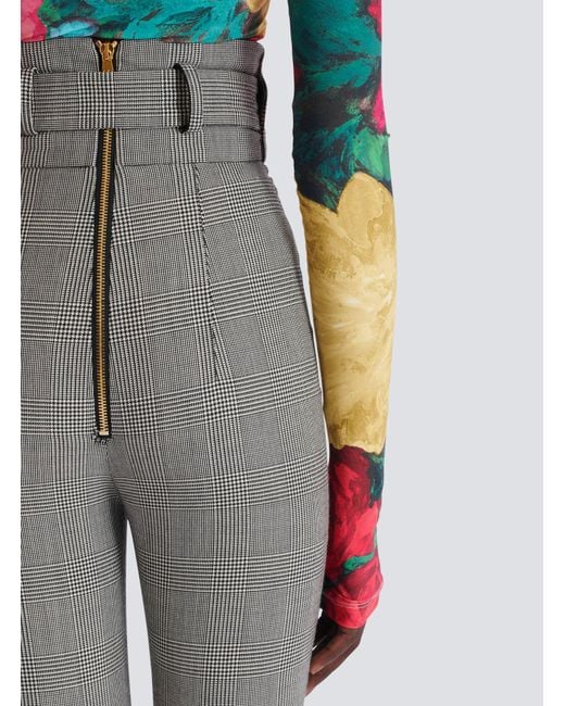 Balmain Gray Checked Belted High-Waist Pants
