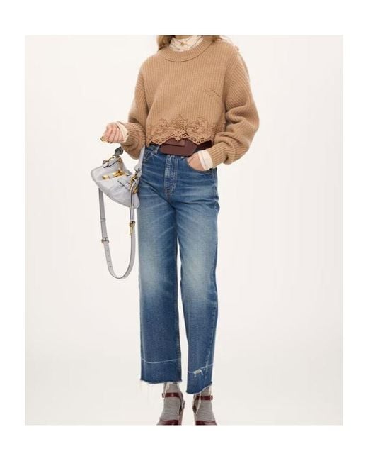Chloé Natural Chloé Cropped Lace-Hem Knitted Sweater