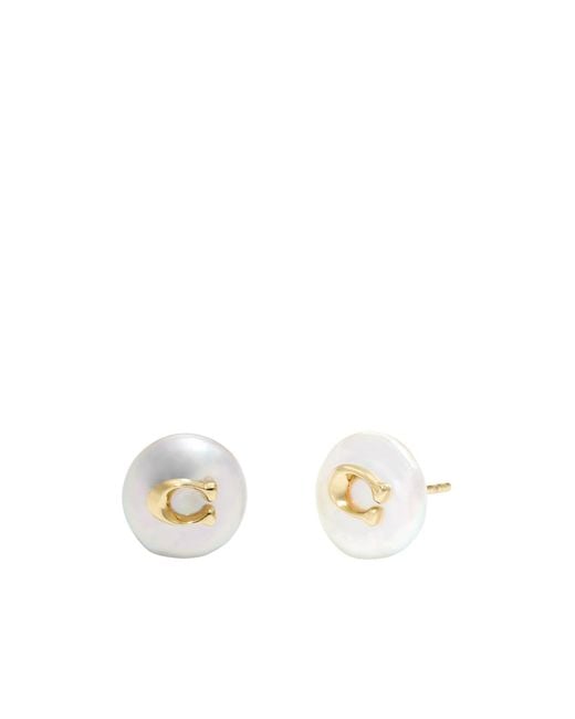 COACH White Pearl Round C Logo Stud