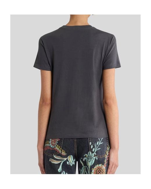 Etro Black Cotton T-Shirt With Sequin Embroidery