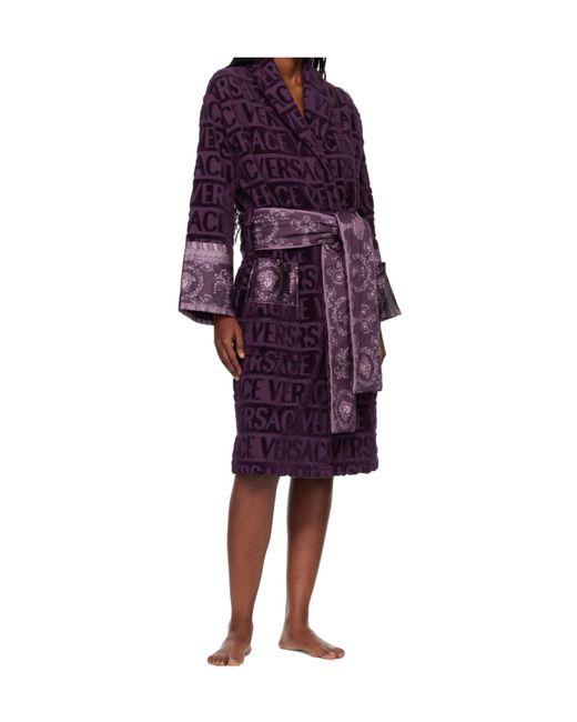 Versace Purple Logo-Print Belted Bathrobe for men