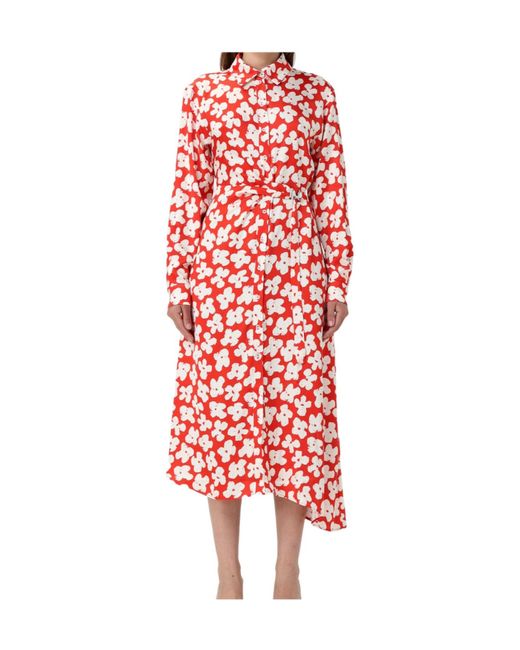 MSGM Red Floral-Printed Dart Detailed Midi Dress
