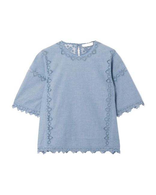 Ulla Johnson Blue Kai Embroidered Tulle-Trimmed Cotton-Chambray Blouse
