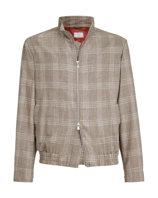 Brunello Cucinelli Brown Tartan Stand Collar Jacket for men