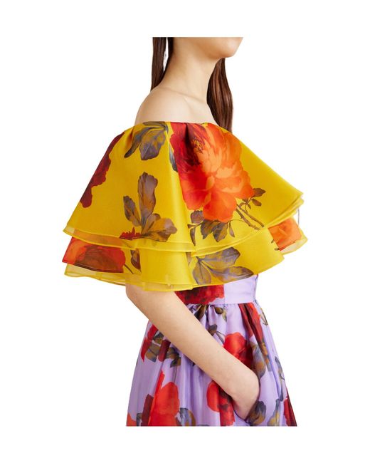 Carolina Herrera Yellow Off-The-Shoulder Ruffled Floral-Print Silk-Organza Top