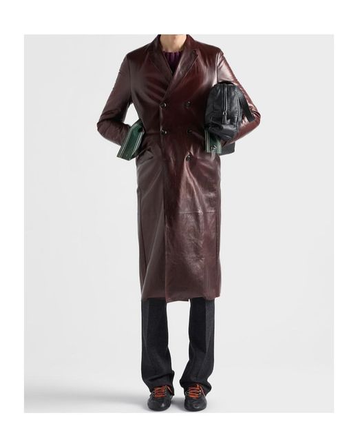 Prada Brown Double-Breasted Nappa Leather Coat for men