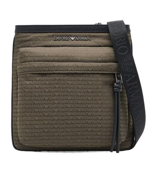 Emporio Armani Green Logo-Pattern Shoulder Bag for men