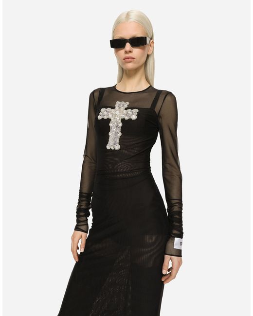 Dolce & Gabbana Black Cross-Embellished Tulle Long Dress