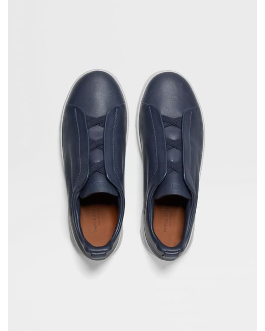 Zegna Blue Triple Stitch Leather Sneakers for men