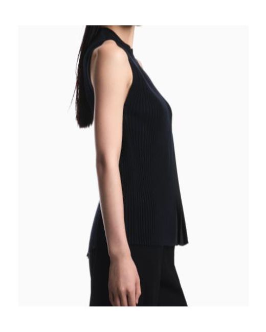 Emporio Armani Blue Knit Top With Asymmetrical And Sleeveless Ribbed Design And Pleated Panel
