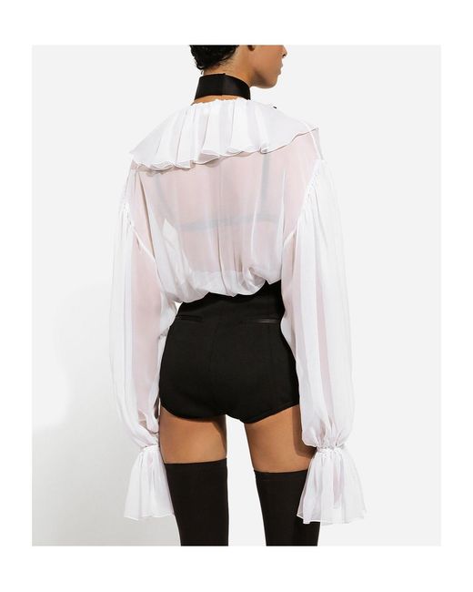 Dolce & Gabbana White Ruffle Detailed Chiffon Blouse