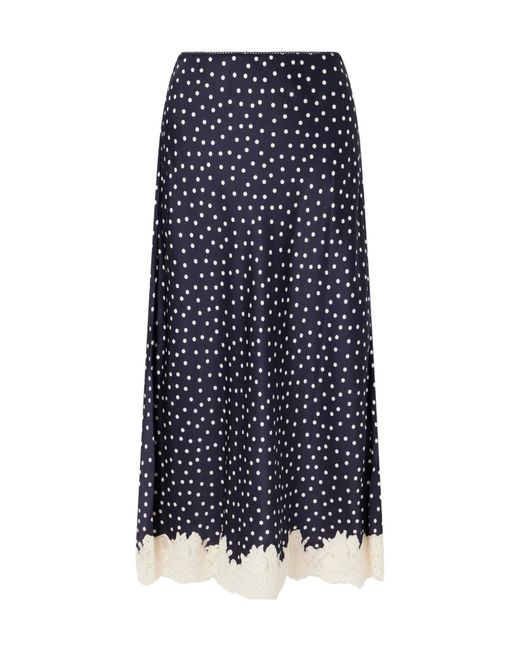 Rixo Blue Matilde Lace-Trimmed Polka-Dot Satin Midi Skirt