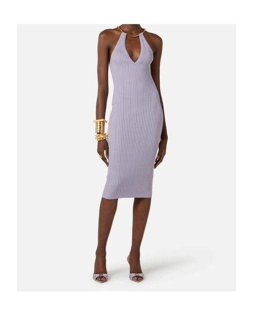 Elisabetta Franchi Purple Openwork Knit Necklace-Detail Dress