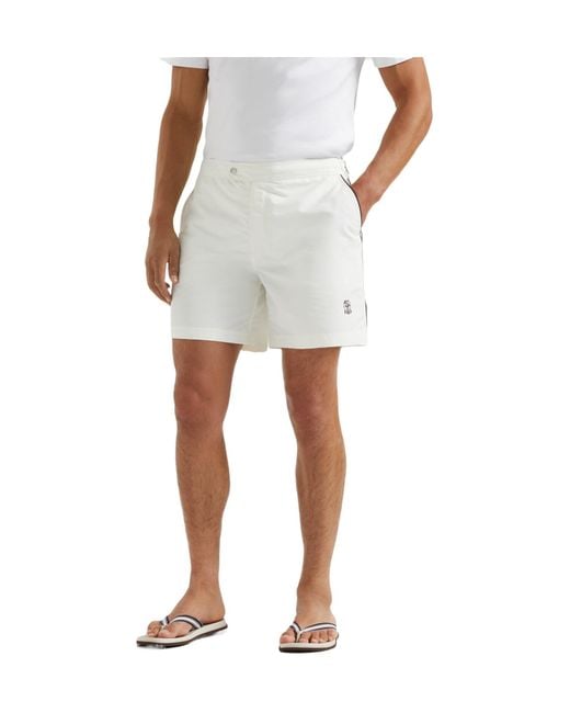 Brunello Cucinelli White Logo Embroidered Buttoned Swim Shorts for men