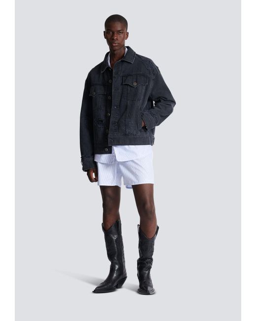 Balmain Blue Distressed Denim Jacket for men