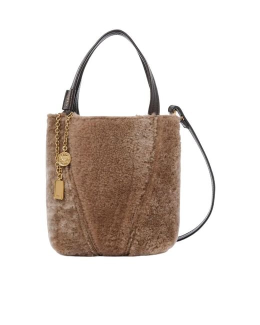 Chloé Brown Chloé Shearling Spin Tote Bag