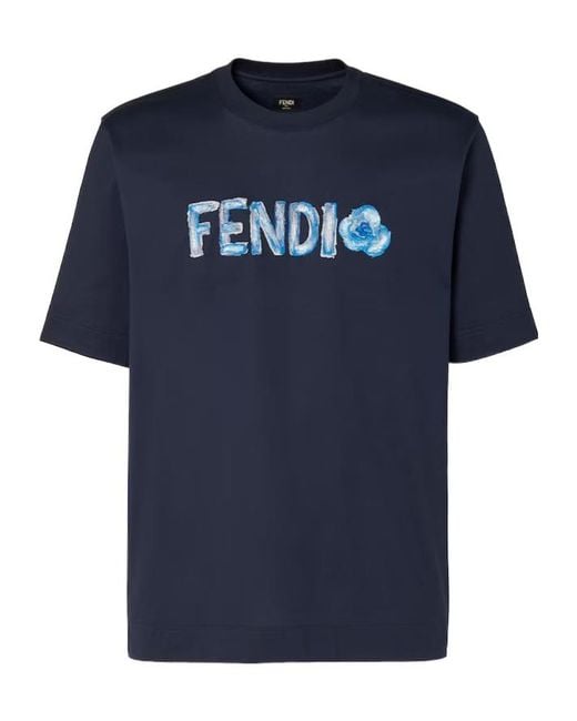 Fendi Blue Flowers Logo Embroidered Crewneck T-Shirt for men