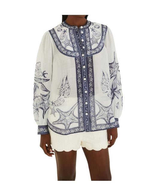 Farm Rio Gray Seaside Print Long Sleeve Top