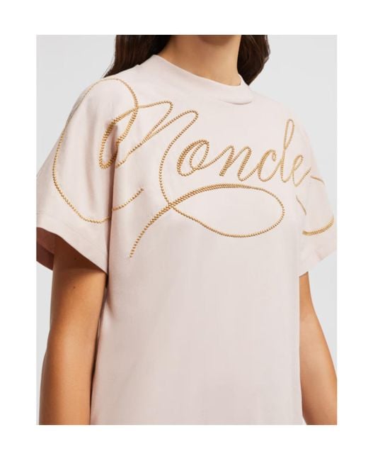 Moncler Pink Embroidered Cursive Logo Crewneck T-Shirt