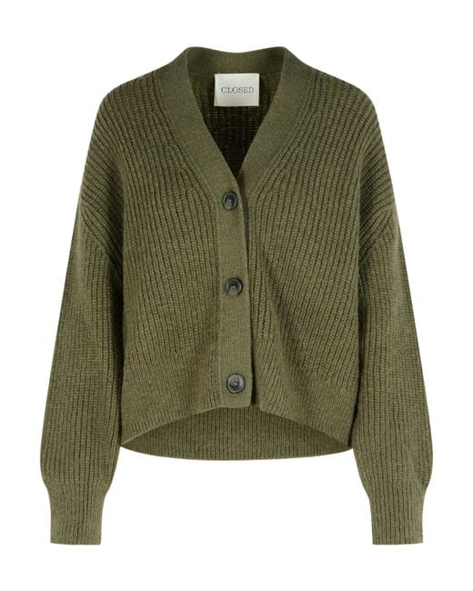 Closed Green Ribbed Button-Front Cardigan