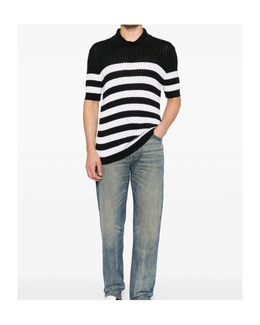 Balmain Black Stripe Patterned Short-Sleeve Knit Polo Shirt for men