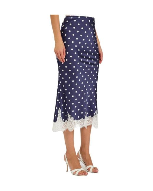 Self-Portrait Blue Polka Dot Lace-Trim Satin Midi Skirt