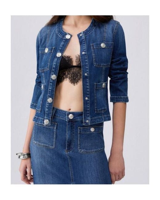 Liu Jo Blue Jewel-Button Crewneck Denim Jacket