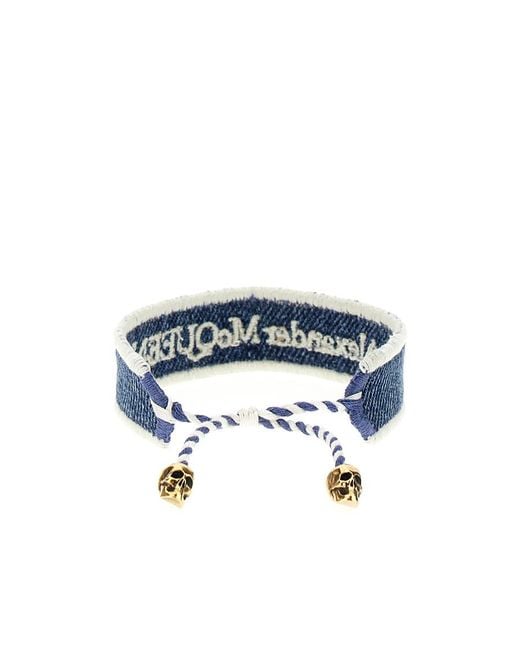 McQueen Blue Logo Embroidered Skull Bracelet