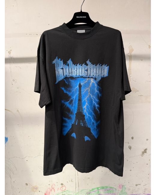 Balenciaga Black Cotton Paris Thunderstorm T-Shirt for men