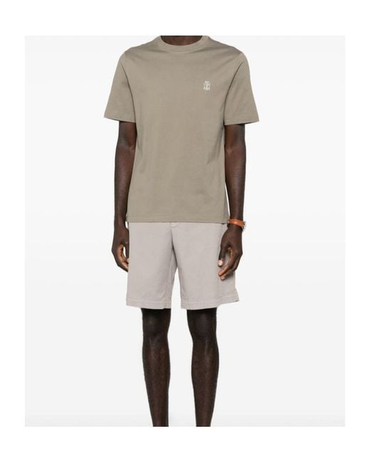 Brunello Cucinelli Natural Logo Embroidered Crewneck T-Shirt for men