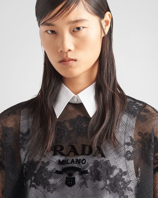 Prada Black Embroidered Lace And Poplin Mini-Dress