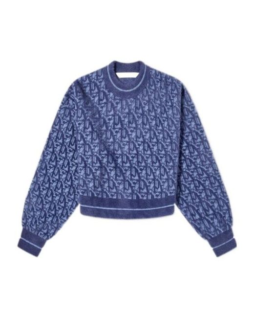 Palm Angels Blue Interwoven Letter Jacquard Wool Sweater