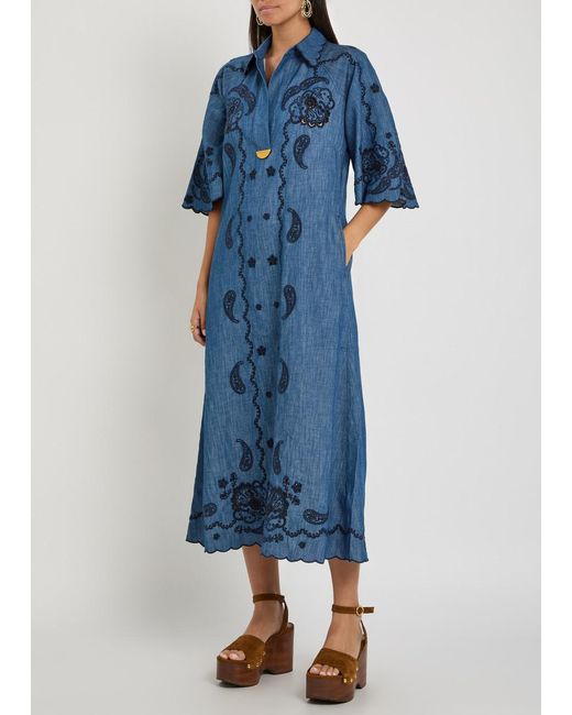 Zimmermann Blue Aster Embroidered Denim Midi Dress