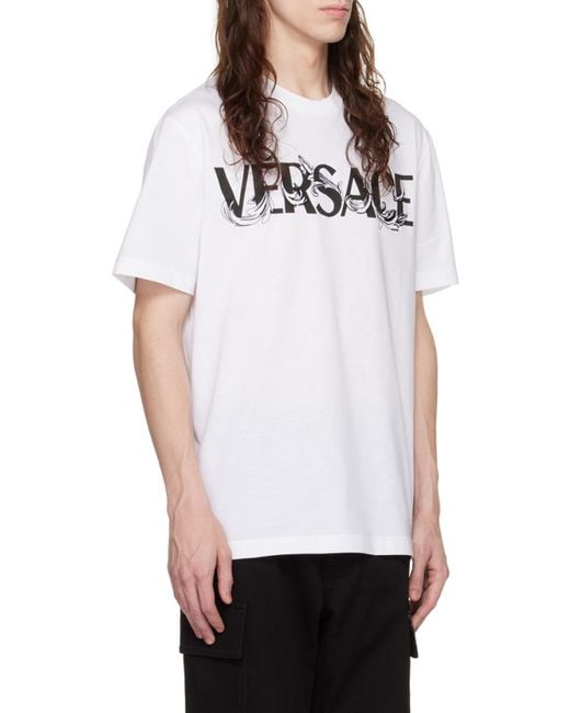 Versace White Logo Printed Crewneck T-Shirt for men