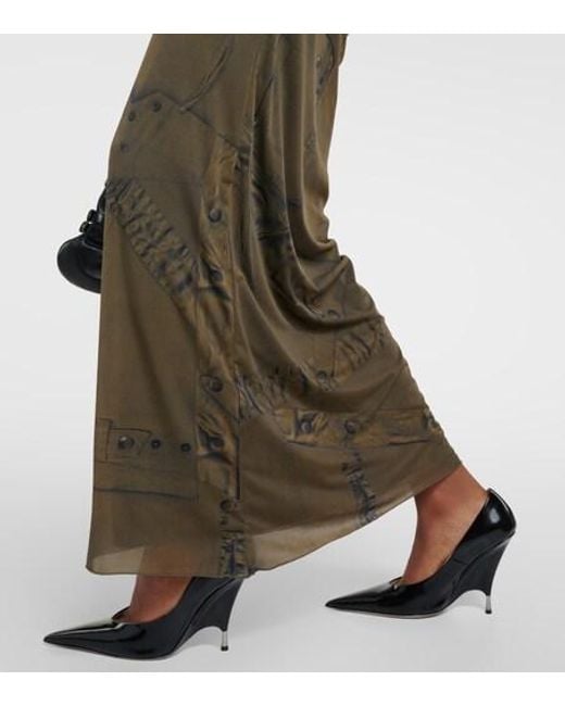 Blumarine Green Printed Ruched Jersey Maxi Dress